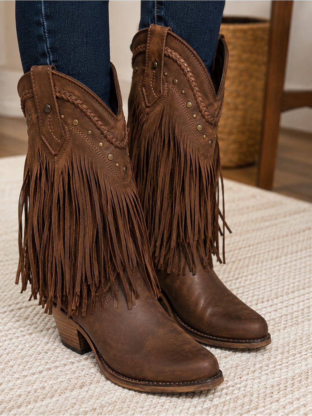 Liberty Black LB Vintage Leather Fringe Cowboy Boots Size 8 Brown Made in Mexico